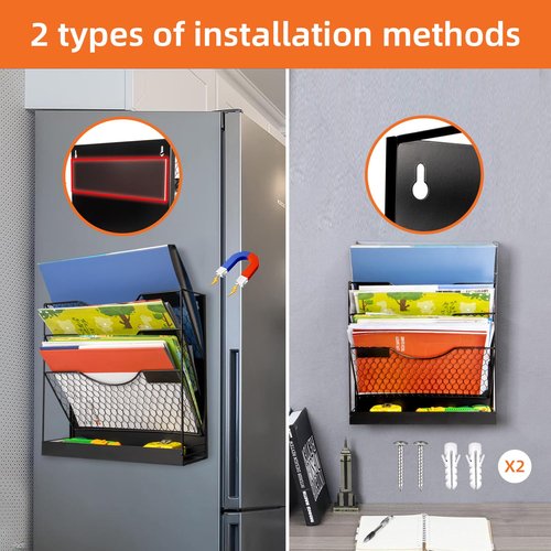 Magnetic File Holders, 4 Tier Magnetic Paper Holders for Office File Cabinet,Refrigerator, Whiteboard, No Drilling Installation Magnetic Mail Holder Basket Storage Folder Holder,2pack