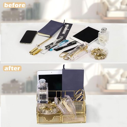 FERXIDI Gold Desk Organizers and Accessories,Office Supplies for Desk,13PS Set with Acrylic Stapler,Tape Dispenser,Staple Remover,Pen Holder,Clips,Scissor, Phone Holder,Pen