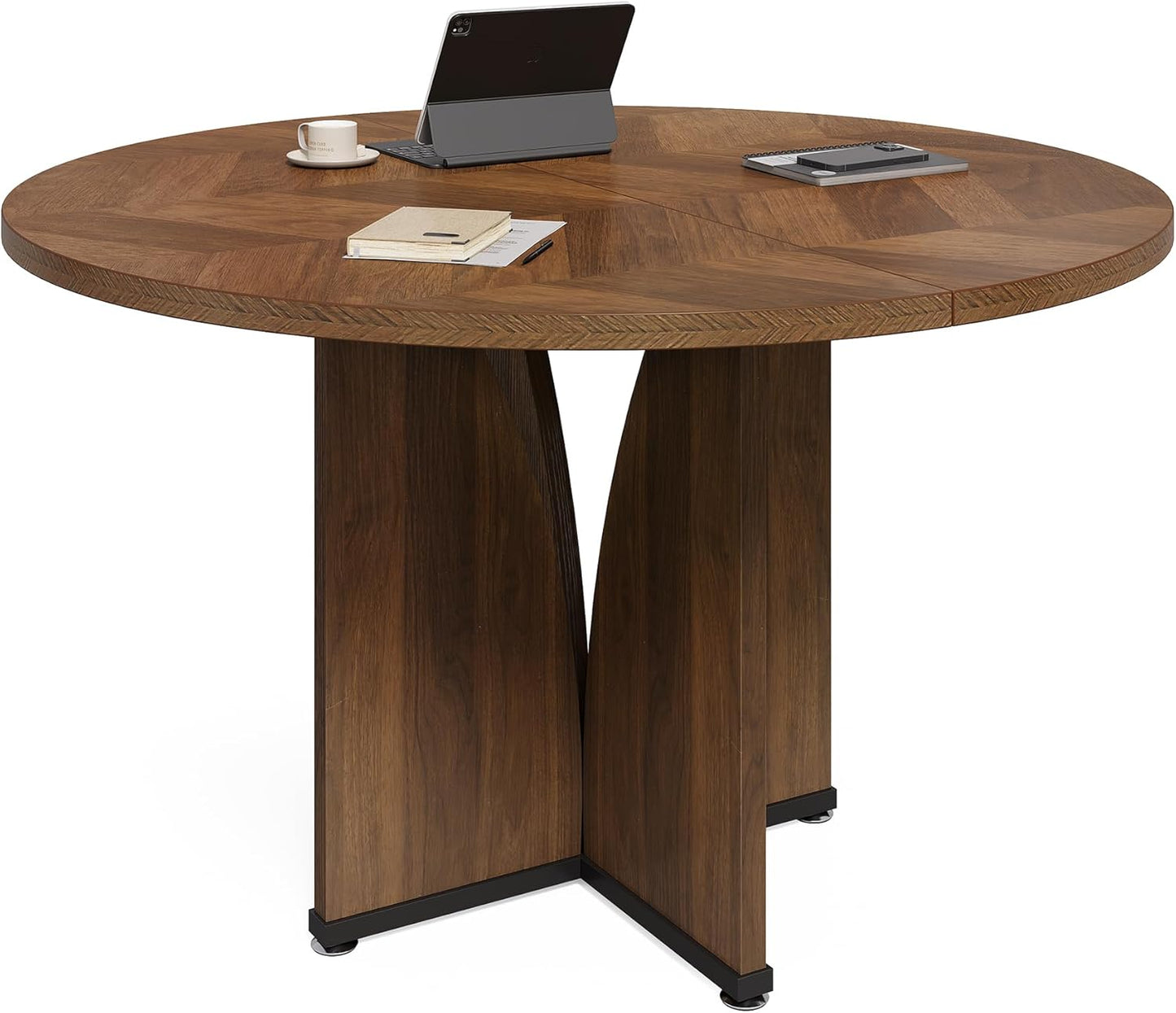 LITTLE TREE 39-Inch Small Conference Table for 4, Round Meeting Table with X-Shape Pedestal, for Office, Conference Room, Small Spaces, Black