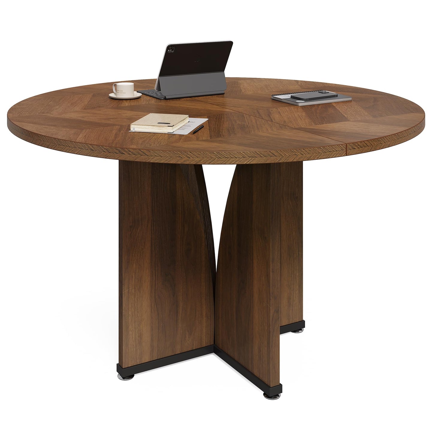 LITTLE TREE 39-Inch Small Conference Table for 4, Round Meeting Table with X-Shape Pedestal, for Office, Conference Room, Small Spaces, Dark Brown