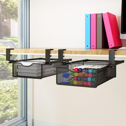 WOCHUANGSI Under Desk Drawer Organizer Tray Slide Out Clamp On Desk Pull-Out Storage Shelf for Office Supplies and Desktop Accessories, Metal Hanging Baskets, 2 Pack Large and Small (Black)