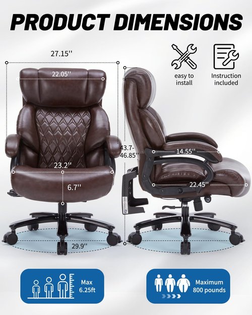 800LBS Large Heavy Duty Office Chair with Massage Footrest, Big and Tall Office Chair with Adjustable Lumbar Support, PU Leather Executive Chair with Extra Wide Seat (Brown)