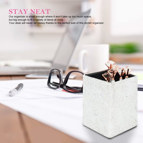 KEYPOWER Crystal Pencil Pot Holder Box Bling Rhinestone Pen Organizer Holder Cosmetic Pen Container Comb Brushes Personalized (Square White&AB Color)