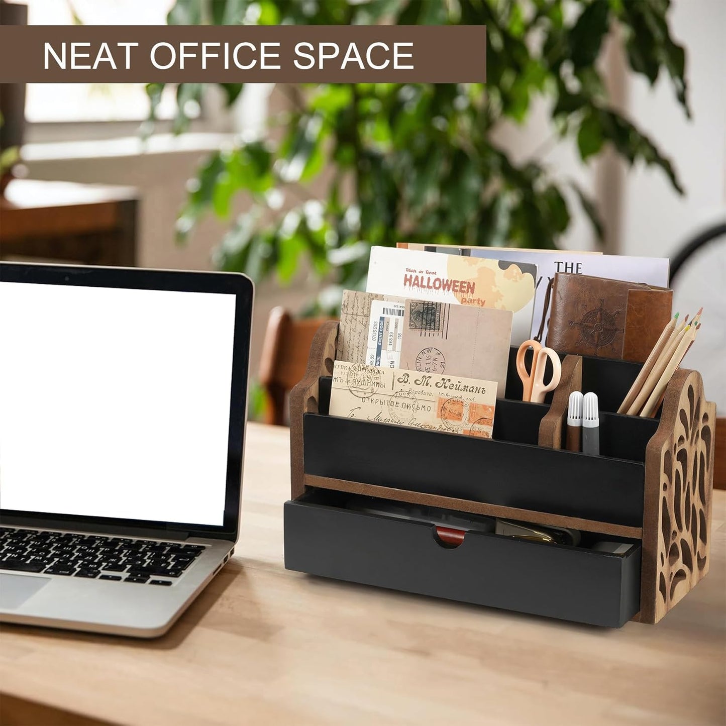 Skiennix Desk Organizer - Stylish Wooden File Holder with Drawer | 5-Slot Mail & Pen Storage for Home & Office