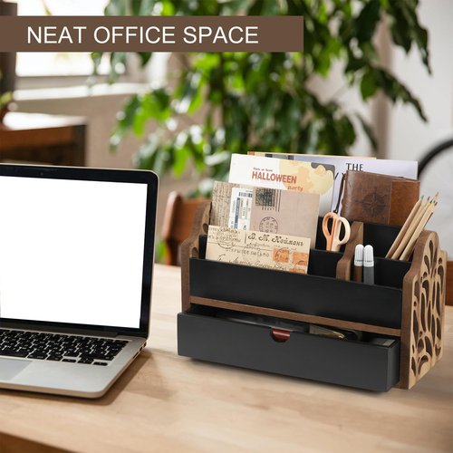 Dhmkfly Desk Organizer with Drawer Wood File Office Mail Organizer Countertop-5 Slot Tabletop Storage Pen Organizer Letter Holder for School Home Office Supplies