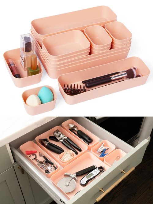 Spacesaver 20-Piece Plastic Drawer Organizer Set – Office, Makeup, Vanity, Bathroom & Desk Drawer Storage Trays – Stackable, Durable PP Bins in Multiple Sizes for Home & Office Organization