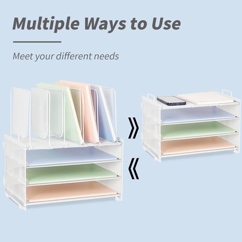 ORDROLL Desk Paper Organizer with Handle,3 Tier Letter Trays with 5 Vertical File Holder,Paper Storage,White Mesh Desktop Organizer for Classroom,Home or Office