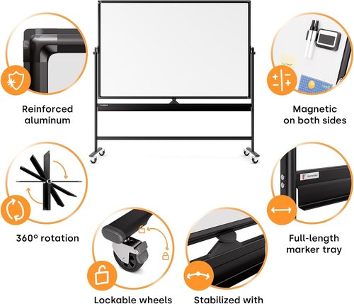 Rolling Dry Erase Board - Large Portable Magnetic Whiteboard with Stand | Double-Sided Easel Style, 96 x 46