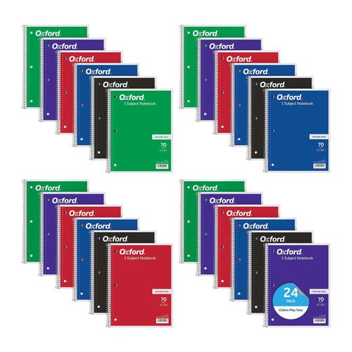 Oxford Spiral Notebooks, Bulk College Ruled Spiral Notebooks for School, 1-Subject, College Ruled Paper, 70 Lined Sheets, 24 per Pack, 3-Hole Punch, Colors May Vary (65021)