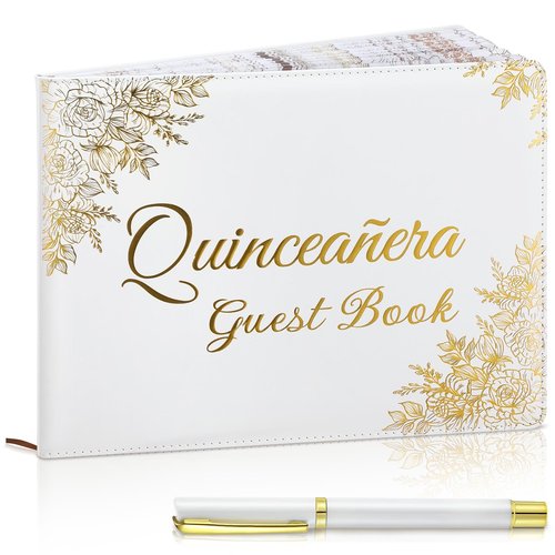 MotiMind Quinceañera Guest Book with Pen 11 x 8 Inch Libro De Firmas Para 15 Años Quinceanera Leather Hardcover Signature Book Guest Sign in for 15th Party Favors Decoration(White,Floral)
