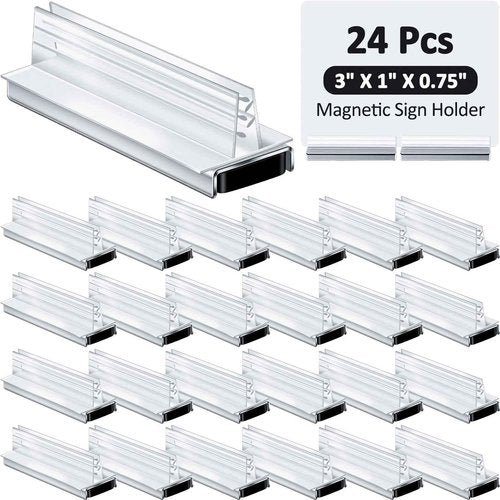 Thyle 24 Pack Magnetic Sign Holder Grip Holder, Powerful Magnet, 3" Length, 1" Width, 0.75" Total Height for Retail Wall Display Store Vendor Event Warehouse and Shop Supplies, Clear