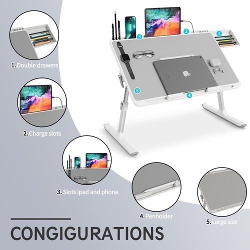Monomi Laptop Desk for Bed, Height & Angle Adjustable Laptop Stand for Bed，Light Weight Foldable Portable Lap Desks Trays with Storage Drawers, Lap Table for Eating, Working, Writing and Drawing