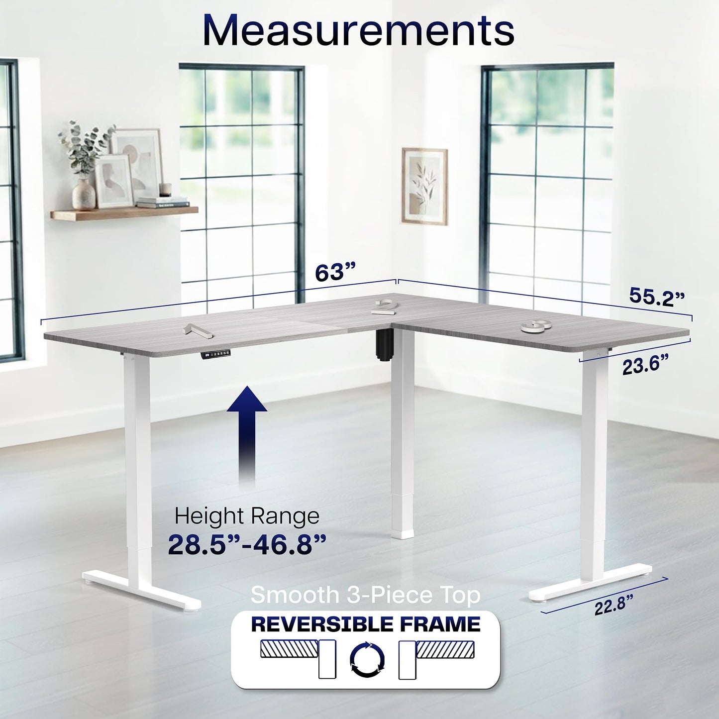 VIVO Corner Standing Desk, 63 x 55 inch Reversible L-Shaped Workstation, Electric Height Adjustment, Home, Office, and Reception Rooms, Dark Gray Table Top White Frame, DESK-E3CTWG