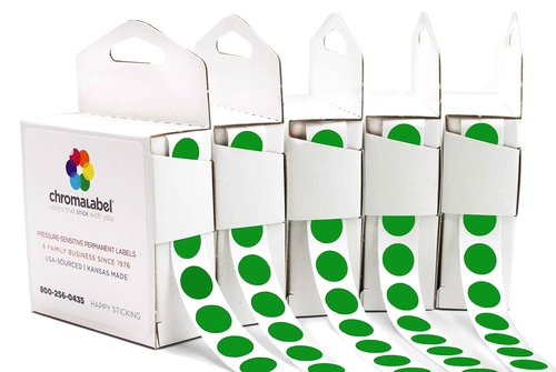 ChromaLabel 0.50 Inch Standard Green Permanent Adhesive Color Code Dot Label Kit, 1000 Stickers per Dispenser Box, 5 Pack