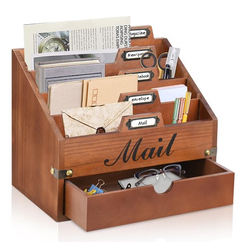 VOOTTOU Wood Mail Organizer Countertop, Desktop Mail Organizer with 4 Compartments and Drawer, Mail Holder File Organizer Wall Mount, Desk Accessories & Workspace Organizers, File Paper Holder