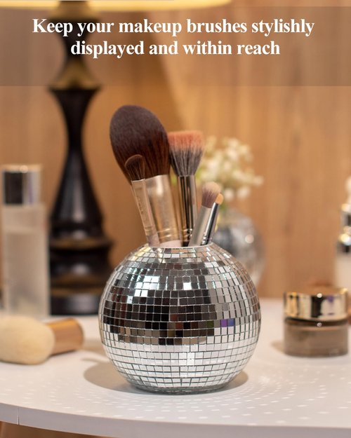 RGBDOT Disco Ball Pencil Holder for Desk - Pen & Makeup Brush Organizer with Silver Sequins, Disco Accessories Decor for Office, Home, or Bedroom - 4 in