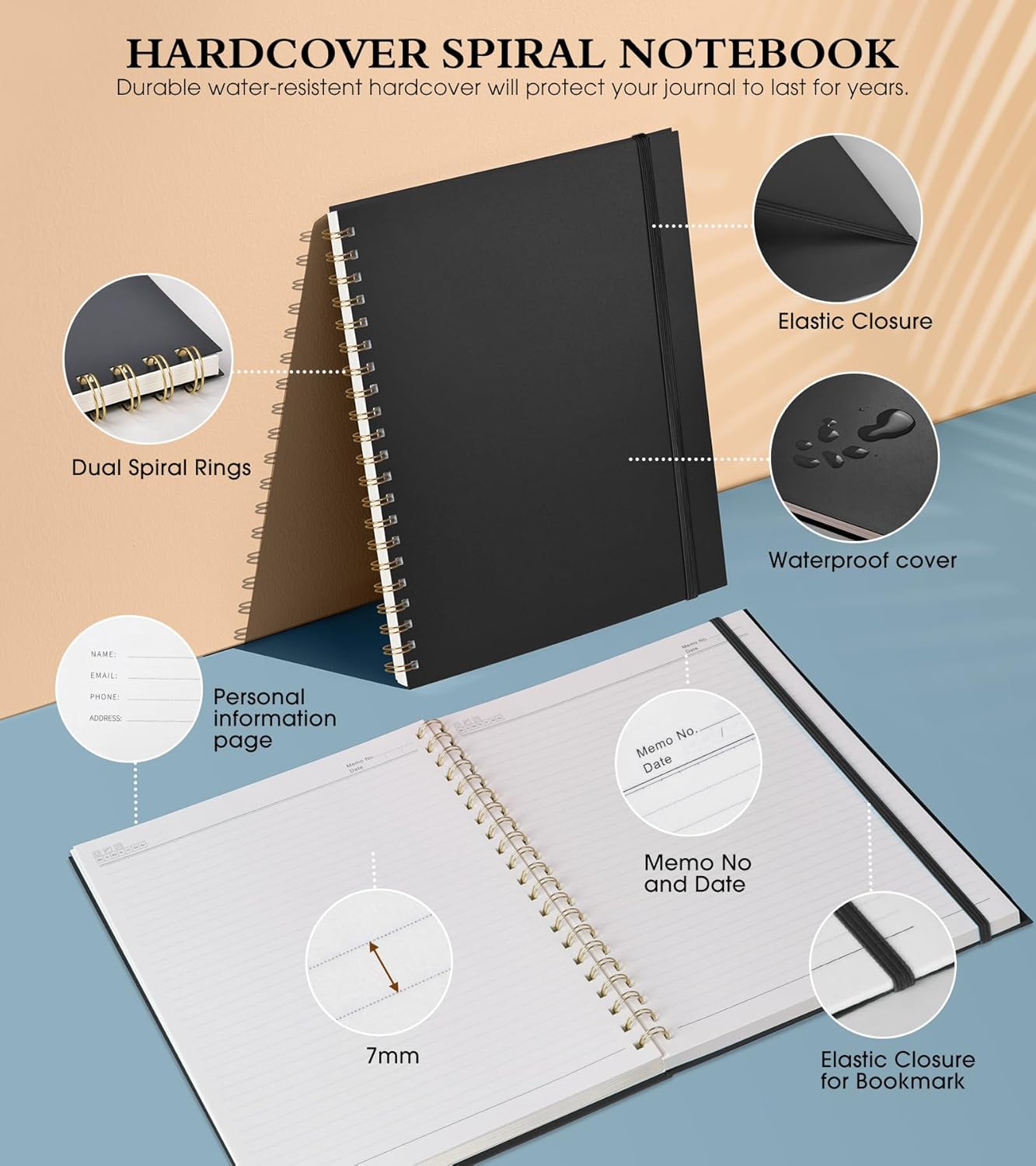 Spiral Notebook Journal - A4 Large 8.5” x 11” | College Ruled, 100 GSM Paper, Plastic Hardcover, Black