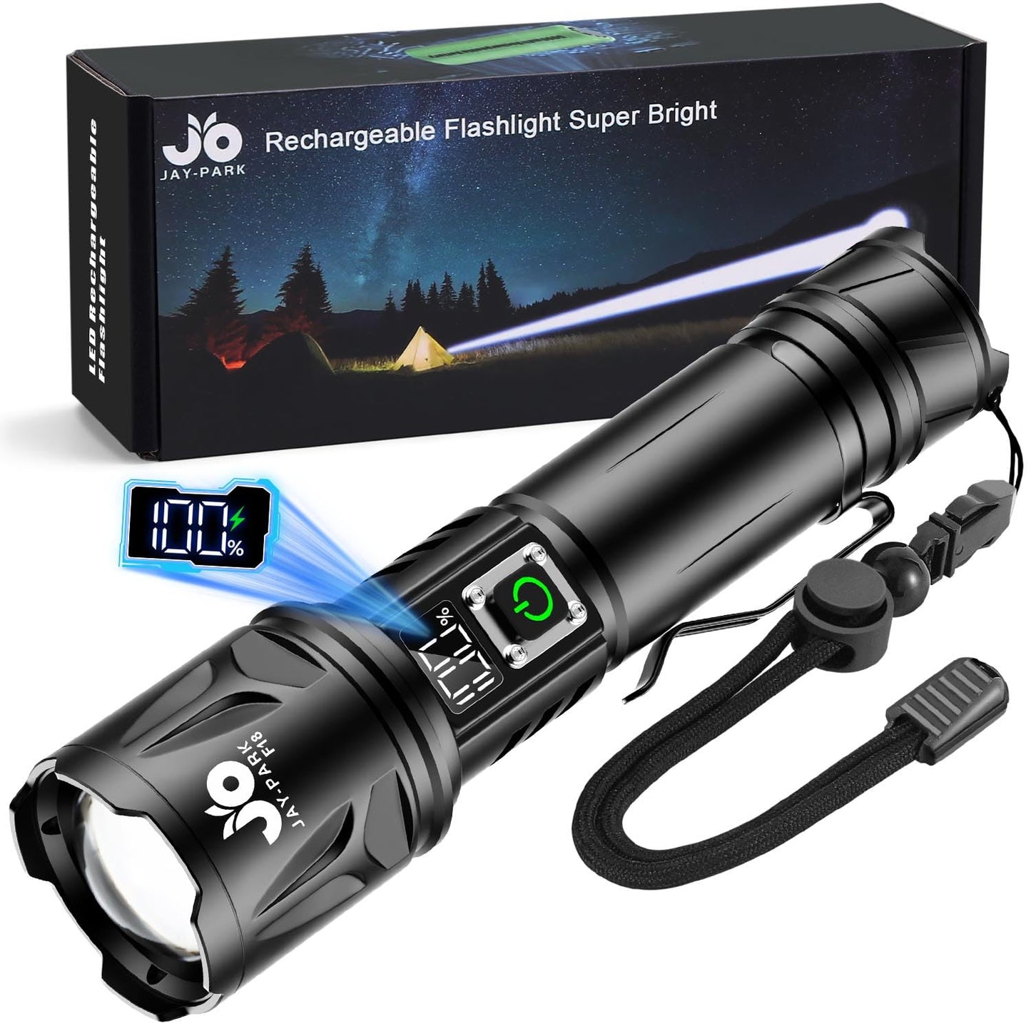 JAY-PARK High Lumen Flashlight 100000 Lumen Rechargeable 5000mAh Battery