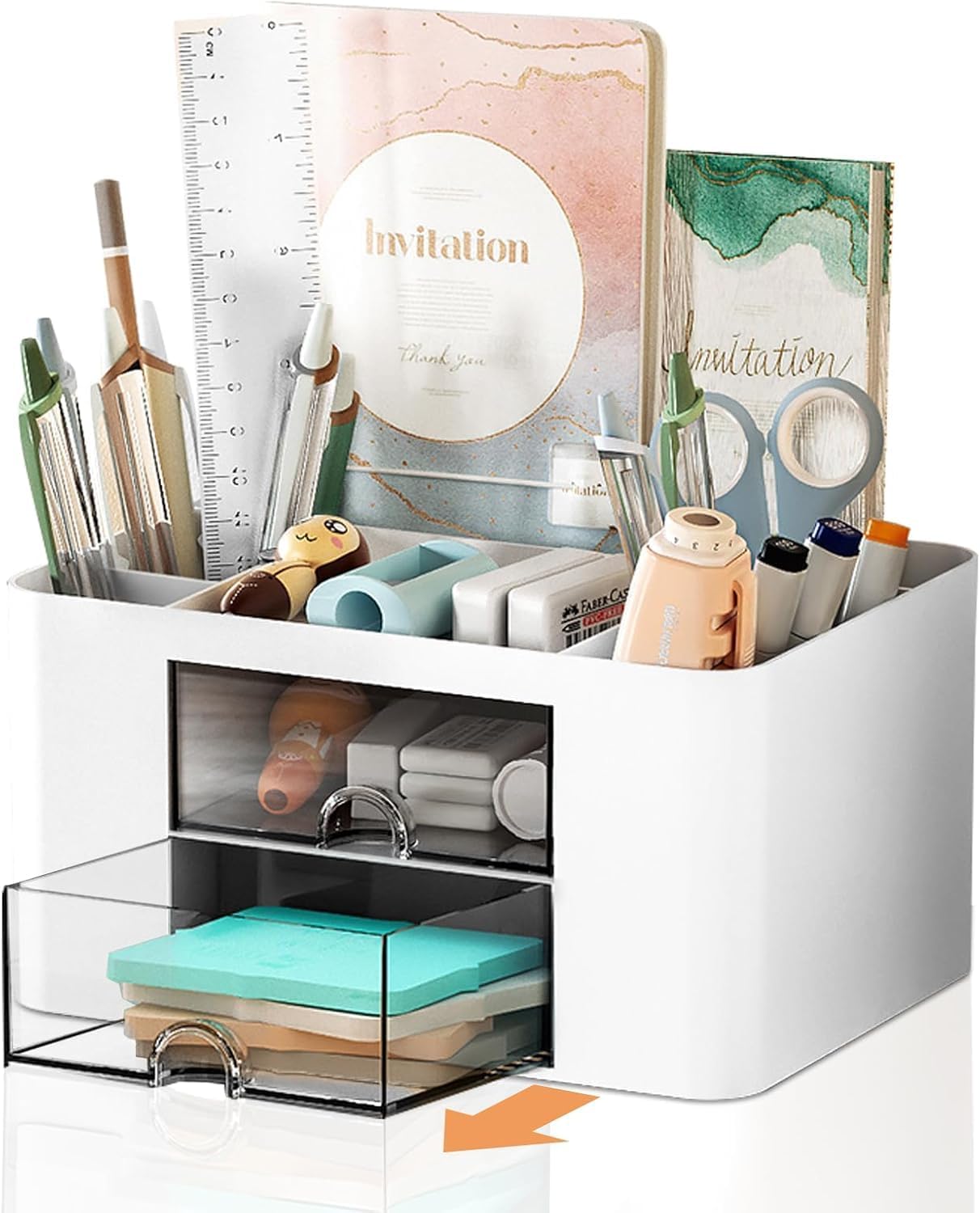 Stationary Organizer - 7-Grid Desk Organizer with Drawer | Multifunctional Plastic Pen Holder for Home & Office (White)