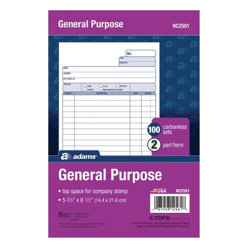 Adams General Purpose Unit Sets, 5.67 x 8.5 Inches, 2-Part, Carbonless, White/Canary, 100 Sets per Pack (NC2581)