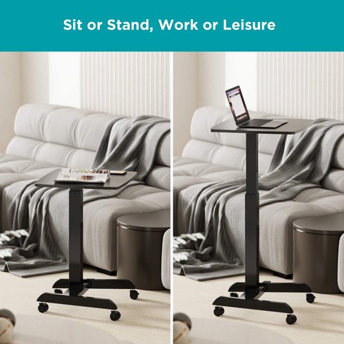 Kantek Mobile Sit Stand Laptop Cart, Adjustable Height (29"-49"), Rolling Laptop Computer Workstation 23.6" x 20.5", Foot Pedal Control, Steel Frame, Black
