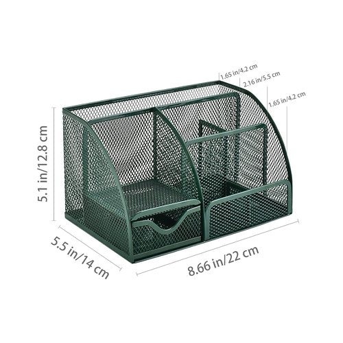 VANRA Office Supply Caddy Metal Mesh Desktop Supplies Organizer School Supply Holder Stuff Storage Organizer 6 Compartments with Drawer (Olive Green)