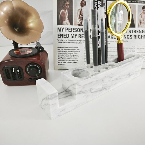 SIRIZEN-DIVING Natural Marble Pen Holder for Desk Docking Station Desk Accessories & Desk Organizer Phone Solid Stone Rulers Pencil Holder for Office (phone&pen white holder)