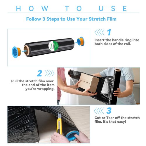 18" x 1500' Black Plastic Shrink Wrap Roll - 80 Gauge, 500% Stretch Industrial Strength Moving Wrap, Heavy Duty Pallet & Furniture Protection - 4 Roll Bundle Stretch Wrap with Handles