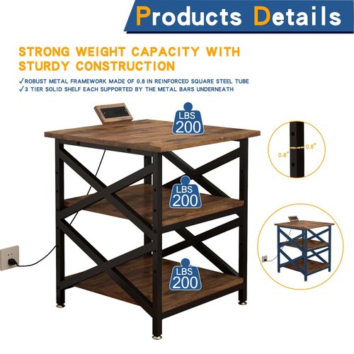 METYERRY Large Printer Stand with Power Outlet, with Height Adjustable Storage Shelf, 3 Tier Rolling Printer Cart with Industrial Wheels, 23.6 x 23.6 Inches Printer Table for Home Office, Rustic Brown