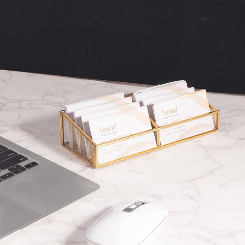 Feyarl Gold Glass Business Card Holder 8 Slots Large capacity Name Cards Display Stand Business Cards Holders Organizer Storage for Office Meeting Store Front Desktop Countertop