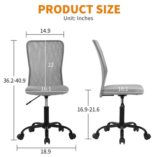 Ruesleag Home Office Chair Ergonomic Mid-Back Mesh Desk Chair Computer Armless Executive Task Chair Lumbar Support Armrests Swivel Rolling PC Chairs Small Meeting for Adults,Grey