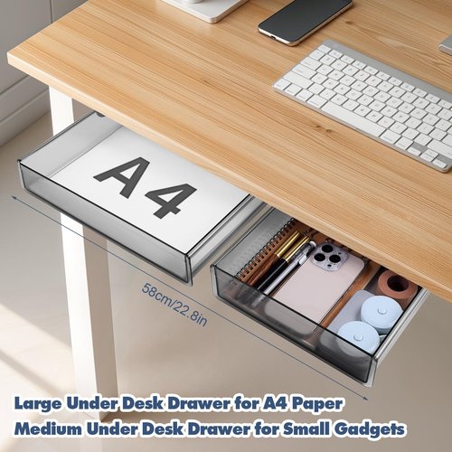 2 Pack Hidden Attachable Drawer Under Desk, Slide Out Small Under Desk Drawer, Self-Adhesive Desks Storage Tray Drawers, for Office, Home, Kitchen, Dressing Table (2 Sizes, Black)