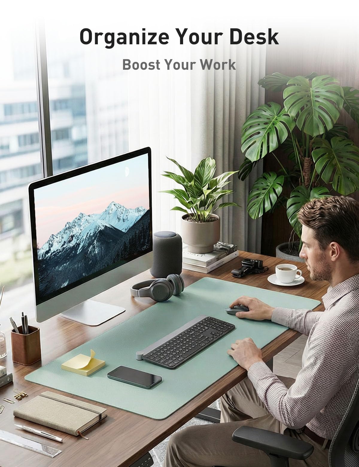 Aothia Faux Leather Desk Mat - Non-Slip PU Leather Desk Blotter, Waterproof Writing Surface, Large Desk Pad for Office & Home (Light Blue, 55" x 17")