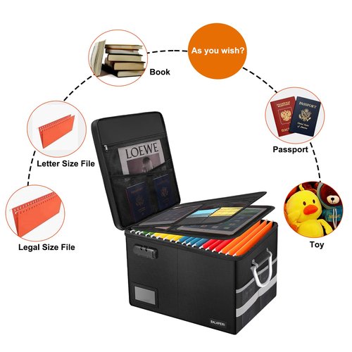 BALAPERI Fireproof Document Box with Lock, Portable File Box with Handle, Locking File Organizer Storage Box for Legal/Letter Size Hanging Folders, Collapsible,16.1" x 12.9" x 11"