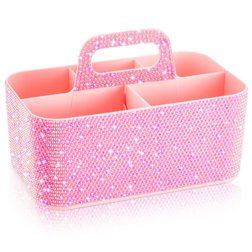 Marspark Bling Girly Caddy Bathroom Organizer with Handle, 9.8 Inch Sparkly Pen Pencil holder for Back to School, Office Desk Accessories Organizer for Pen Brush Makeup Supplies(Pink,AB Diamond)