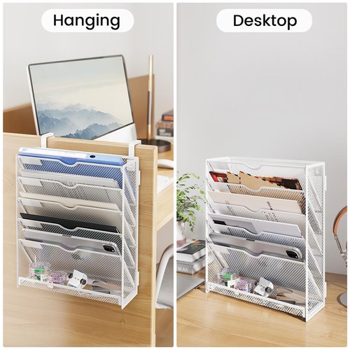 Kinkota Hanging Wall File Organizer Mesh 6 Tier Wall Mounted Mail Paper Folder Holder Document Organization Stand Desk File Organizer Tray for Office & Home Cubicle Countertop-White