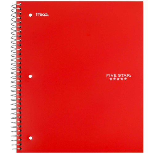 Five Star Spiral Notebook + Study App, 3 Subject, Wide Ruled Paper, 10-1/2" x 8", 150 Sheets, Red (72029) (Pack of 6)