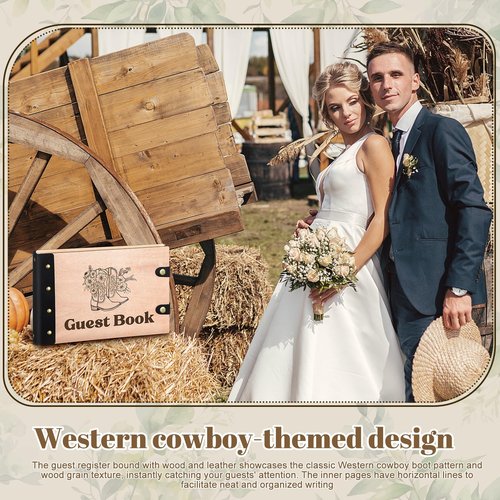 Engrowtic Western Cowboy Wedding Guest Book with Pen Wooden Guestbook Wedding Reception with Leather 7 x 10 Inches Wood Grain Guest Book Signing for Birthday Bridal Shower Baby Shower Decor