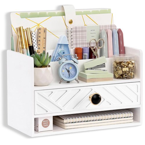 dreampossible white Wood Desk Organizer and Accessories with Drawer, Bill Mail Organizer and File Mail Holder for Office Supplies, Desk Accessories & Workspace Organizers for Desk Organization