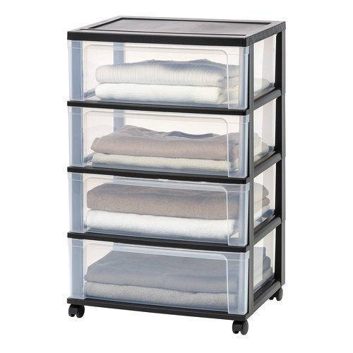 IRIS USA Plastic Drawer Storage Organizer Rolling Cart, with Wheels Casters, 4-Drawers, for Art Craft Supplies Bathroom Dorm Bedroom Laundry Room, Wide, Black