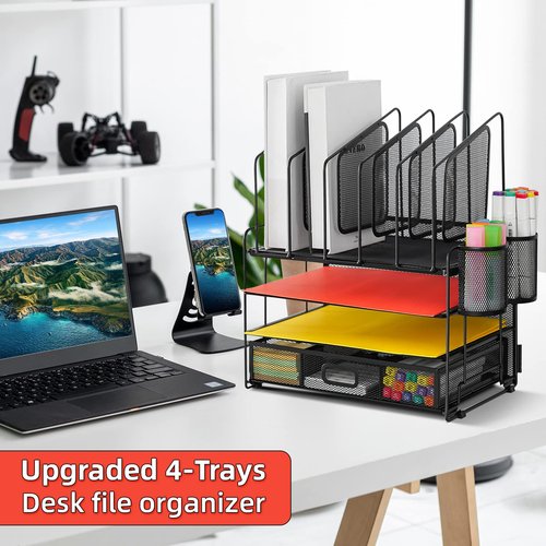 Marbrasse Desk organizer with Drawer, 4-Tier Mesh File Organizer with 5 Vertical File Holders and 2 Pen Holders, Multifunction Desktop Organizer,Desk Organizers and Accessories for Home Office