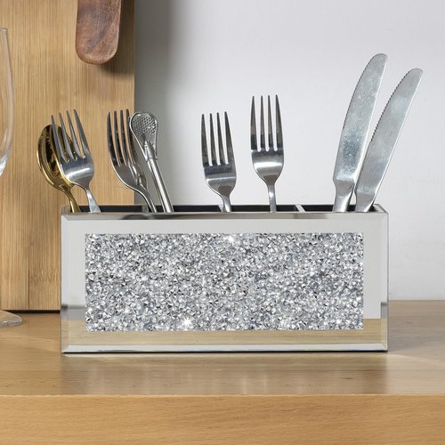 blingworld Mirrored Pen Holder 4 Compartments, Crushed Diamond Pencil Holder for Desk Glass Pen Organizer Cup for Countertop Accessory Storage, Silver