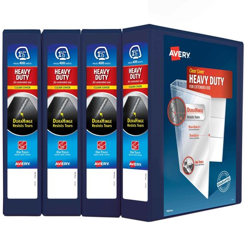 Avery Heavy Duty View 3 Ring Binder, 1.5" One Touch Slant Ring, Holds 8.5" x 11" Paper, 4 Navy Blue Binders (79871)