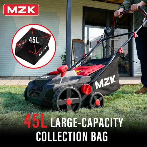 MZK 15-Inch Electric Dethatcher & Scarifier - 2-in-1 Lawn Care Tool with 5-Position Height Adjustment & 12-Gallon Bag (Red)