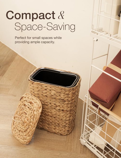 Tidita Wicker Waste Basket - Wicker Trash Can with Lid - Water Hyacinth Bathroom Garbage Can with a Lid - Bathroom Trash Can Boho Style - Removable Liner, Iron Frame (Natural, 4 Gallons)