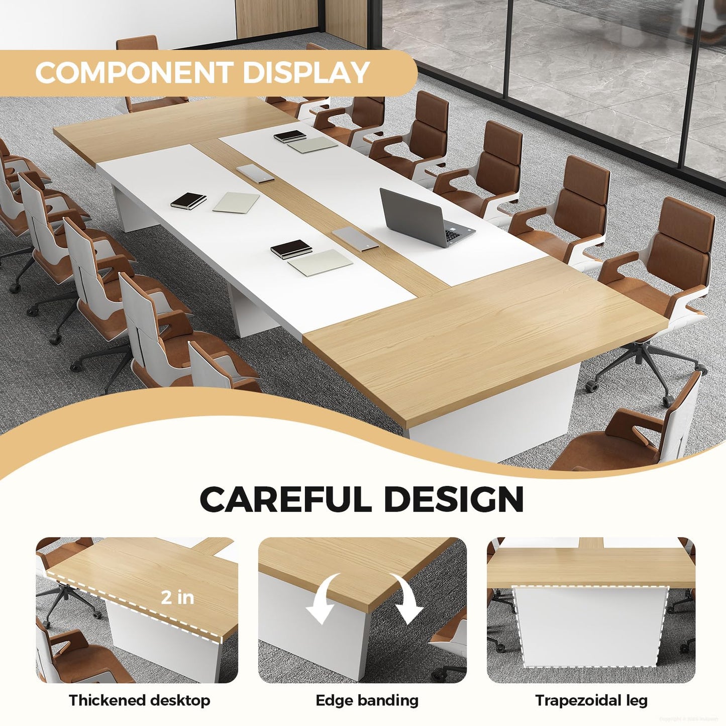 10 ft Conference Table for 10 People, Large Meeting Table with Built-In Power Outlet, Cable Management & 2-Inch Thickened Tabletop, Office Conference Room Table, Walnut and Grey, 118"L x 52"W x 30"H