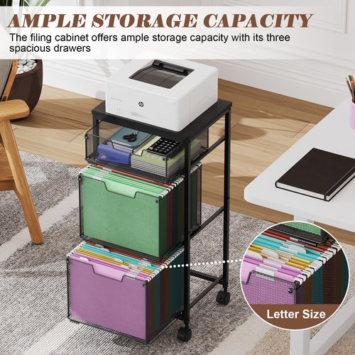 Sbanmao 3 Drawer Mobile File Cabinet for Home Office, Rolling Filing Cabinet on Lockable Wheels, Hanging File Folders Organizer, Utility Cart Storage and Organizer, Printer Stand, Black