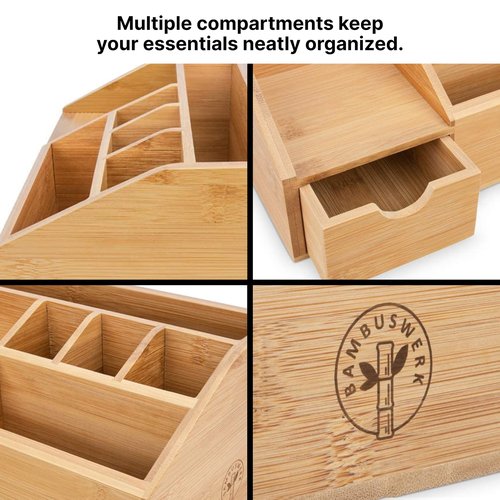 FLYGRUBS Thingles Bamboo Desk Organizer, Wood Pen Holder with Drawer, Storage Box, Pencil Box, Desk Tray for Office, Home Office - Wood Desk Organizer