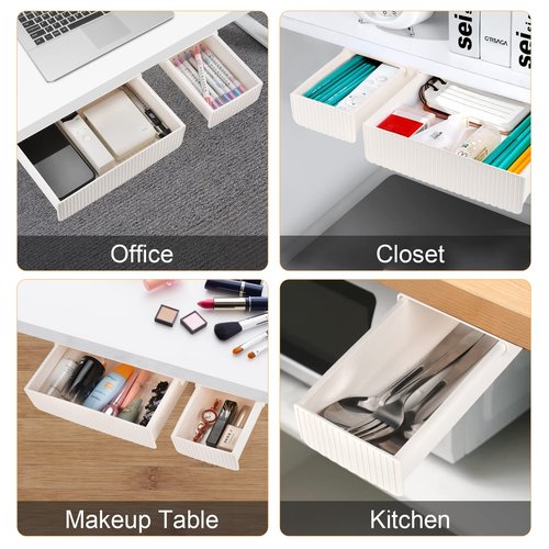 YOOUSOO 2 Pack Under Desk Drawer Storage, Under Desk Organizer, Hidden Self-Adhesive Desks Drawers Slide-out, Stick on Desks Drawer White, Under Mount Drawers for Office/Classroom/Home