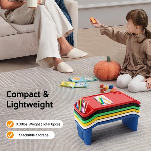 6 Pcs Kids Lap Desk Tray with Storage Plastic Breakfast Laptop Trays with Side Pockets and Slot Portable Lap Bed Table for Writing Eating Game Classroom Snacks Boy Girl